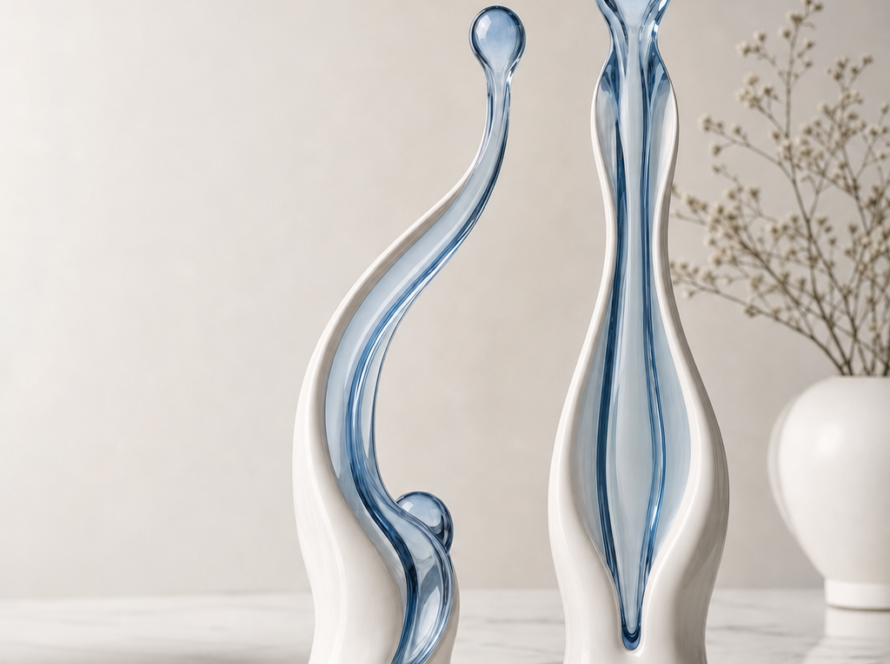 Duas esculturas abstratas de vidro branco e azul sobre mármore, com vaso e flores secas ao fundo, em ambiente minimalista.
