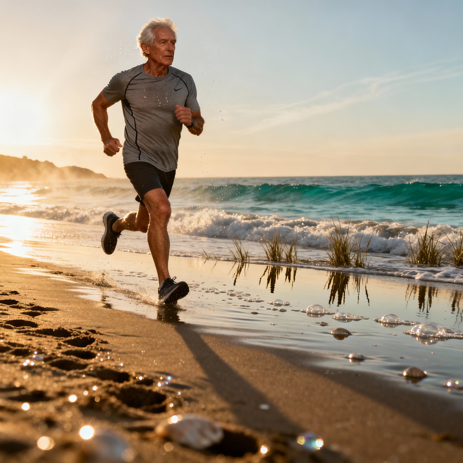 Ilustração de um homem com mais de 50 anos correndo a beira mar