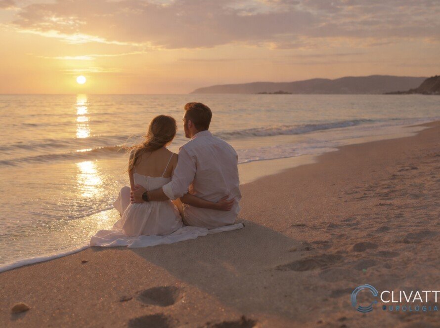Ilustração de um casal sentado na beira da praia, admirando o por do sol e refletindo sobre as decisões da vida conjugal