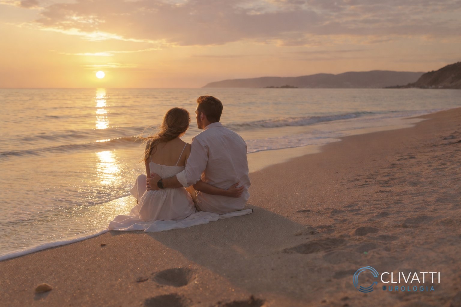 Ilustração de um casal sentado na beira da praia, admirando o por do sol e refletindo sobre as decisões da vida conjugal